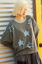 POL Exposed Seam Relaxed Fit Sweater with Star Denim Patch OutfitFlow